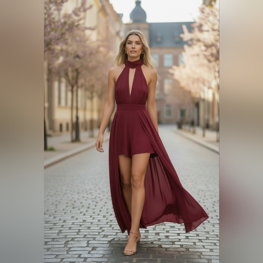 Showpo Elegant Burgundy Halter Neck Maxi Romper With Long Overlay - Size 4